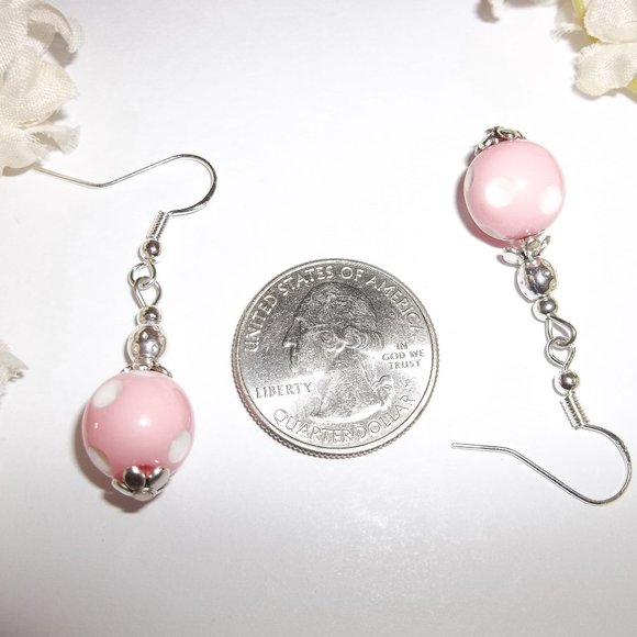 Pink and White Polka Dot Earring Handmade Set Retro Vibe Feminine Beaded 5246 - Picture 3 of 8